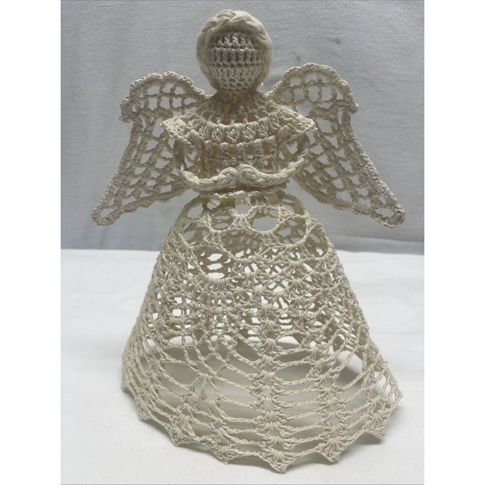 Vintage Angel Hand Crochet Starched 9" x 7" Christmas Free Standing Tree Topper